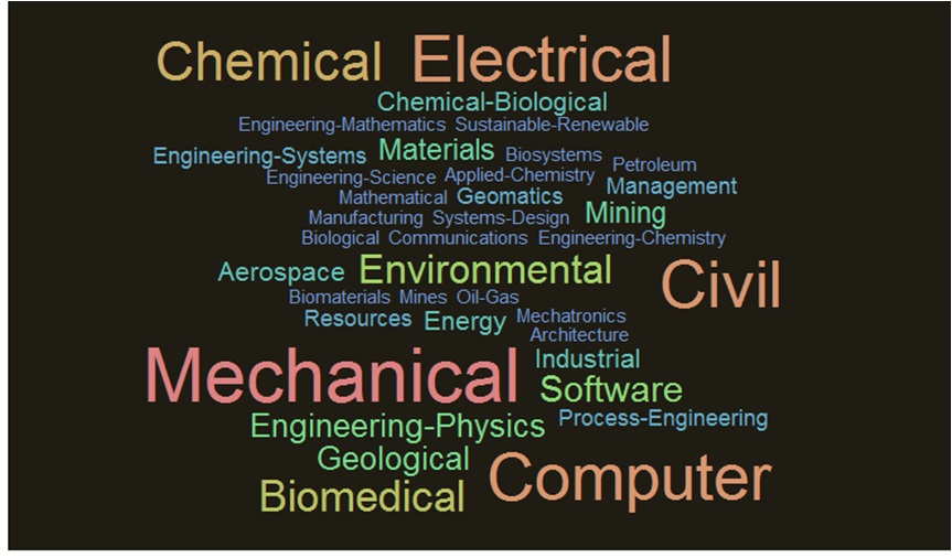 A word cloud created using undergraduate engineering disciplines listed on Canadian university websites (Sri Ray-Chauduri)