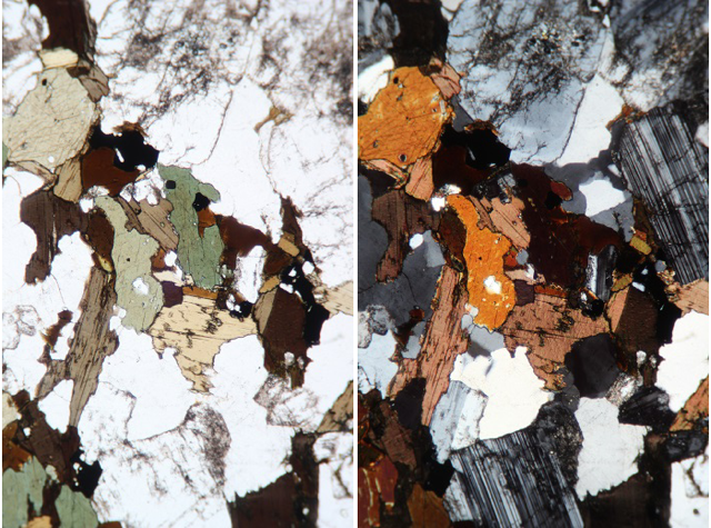 This is a photograph, taken through a microscope, of a slice of rock 0.03 mm thick. The transparent minerals are quartz and plagioclase; the greens and browns are amphibole and biotite. Image 6- (photomicrograph) This photograph was taken with a polarizing filter applied. This helps significantly with mineral identification.