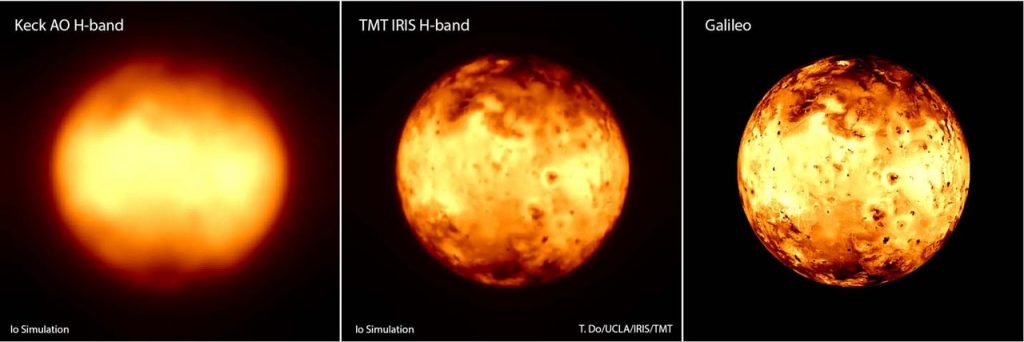 IRIS-simulated near-IR images of Io (centre) compared to real images by the Keck telescope (left) and Galileo spacecraft (right). Credit: TMT International Observatory